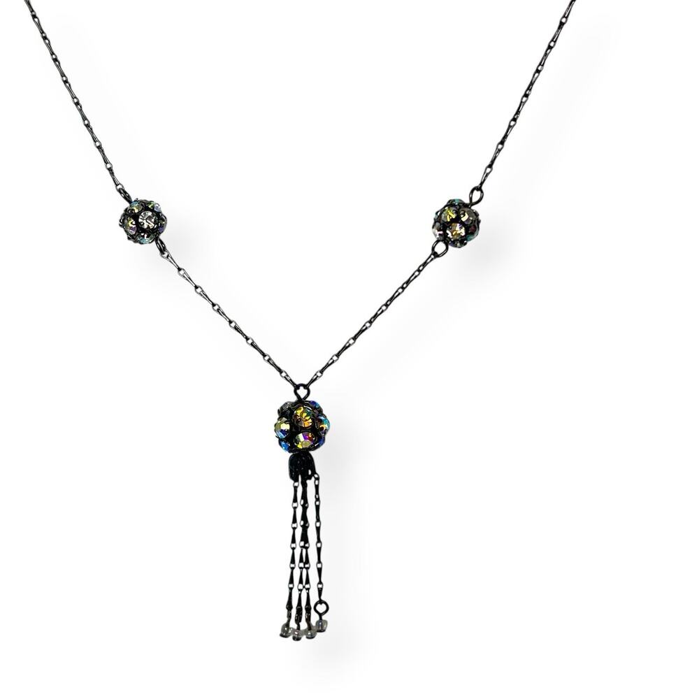 Necklace Disco Ball Y2K Pave Rhinestone Gun Metal Tassle Whimsigoth Dark Romance